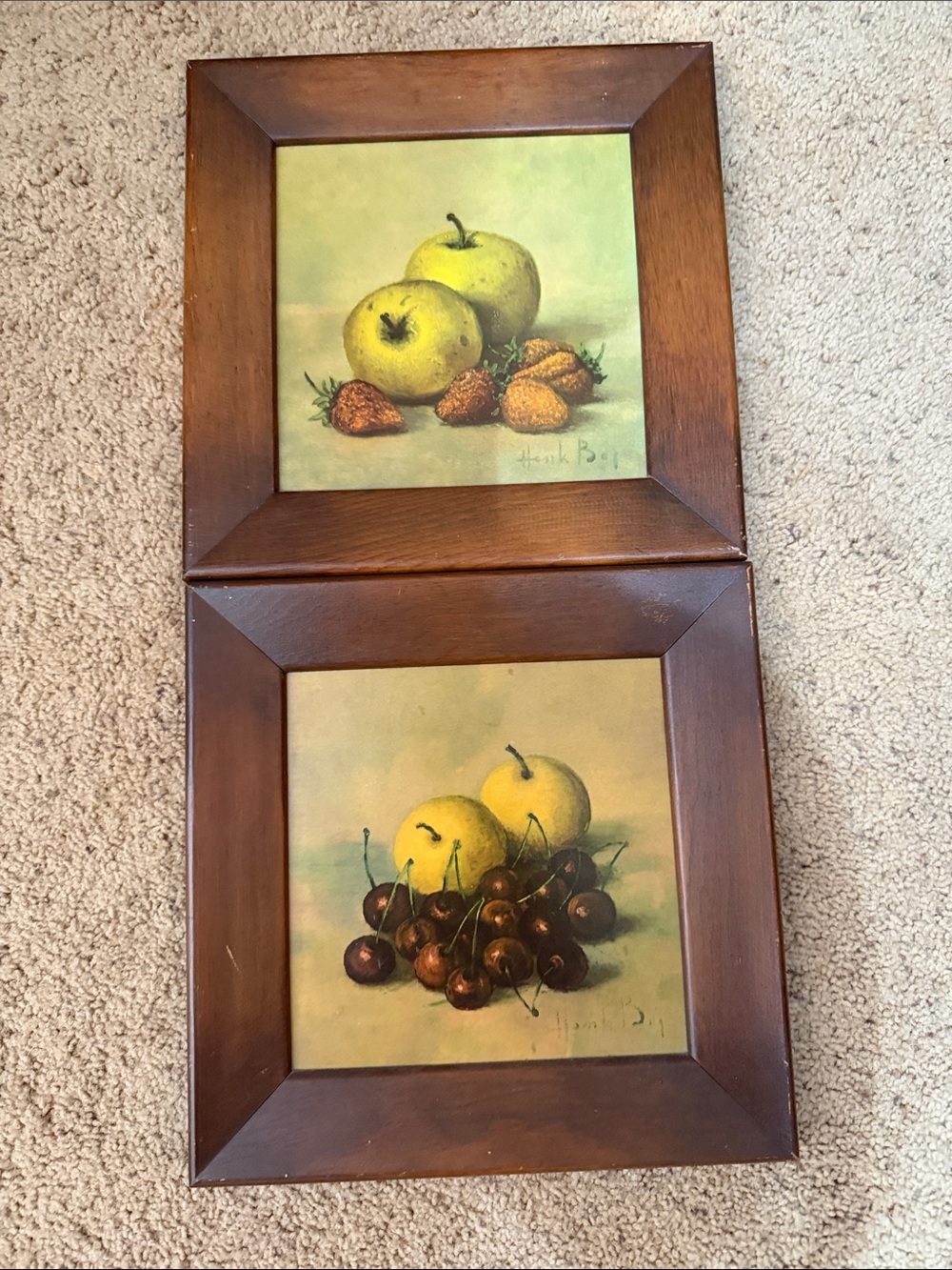 Vintage- Framed Yellow Apple & Cherry Still Life Pair